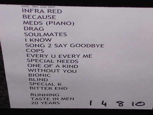 Placebo - setlist Sofia 2007